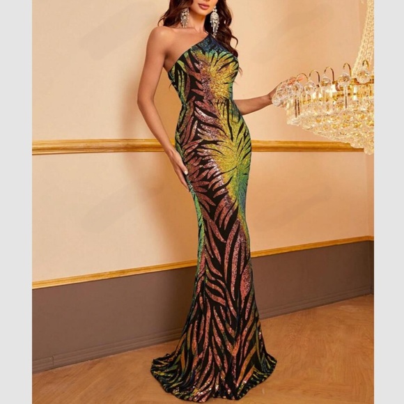 Luxe one shoulder mermaid hem party formal prom wedding sequins gown dress - Picture 4 of 6